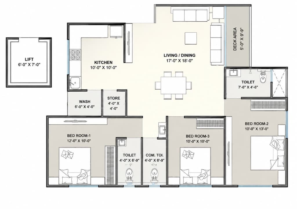 Dimensioned 3BHK reference floor plan showing three bedrooms, kitchen, living/dining room and deck