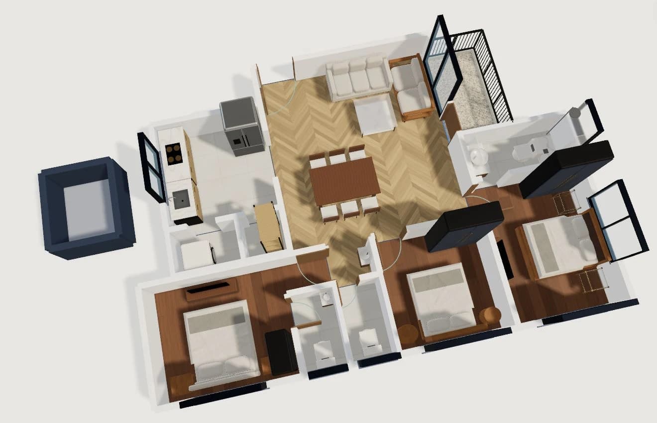 Updated furnished HouseSpace 3BHK sample in 3D orbit view
