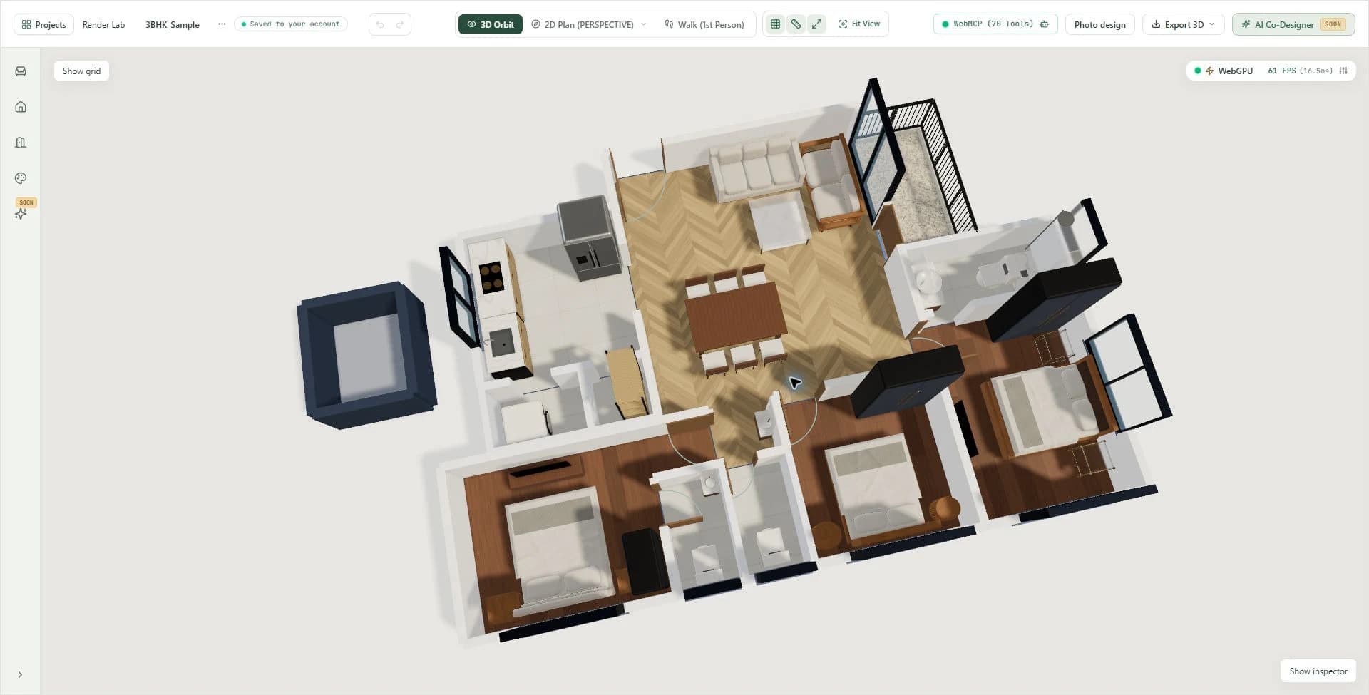 HouseSpace browser editor showing the 3BHK model, plan and walk view controls, furniture tools and project save status