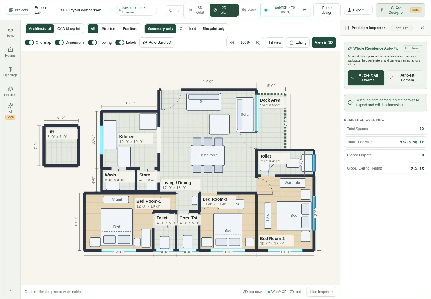 The same 3BHK plan after one sofa is moved two feet, with all other furniture kept fixed