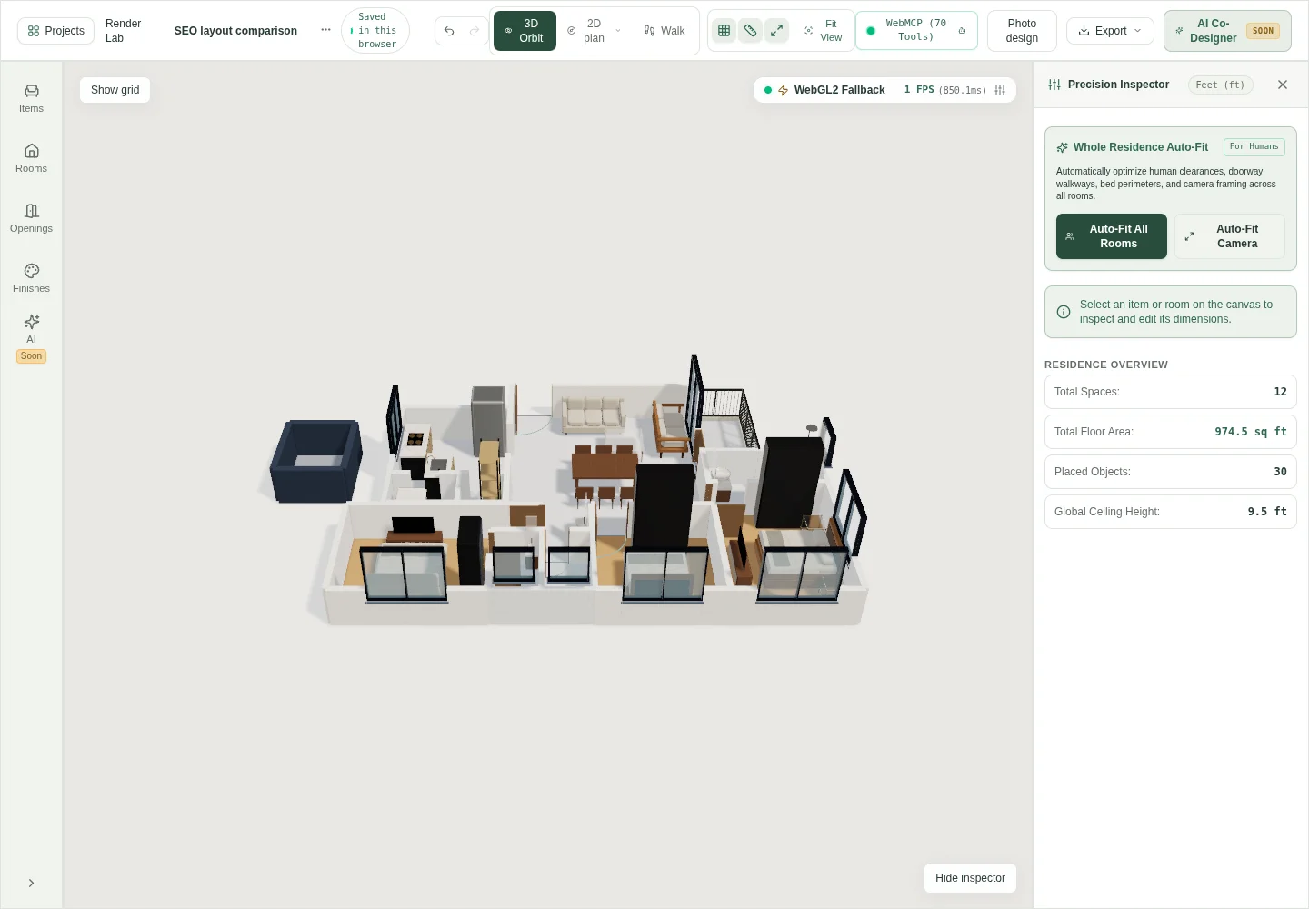 The alternative 3BHK furniture arrangement shown in the HouseSpace 3D orbit view