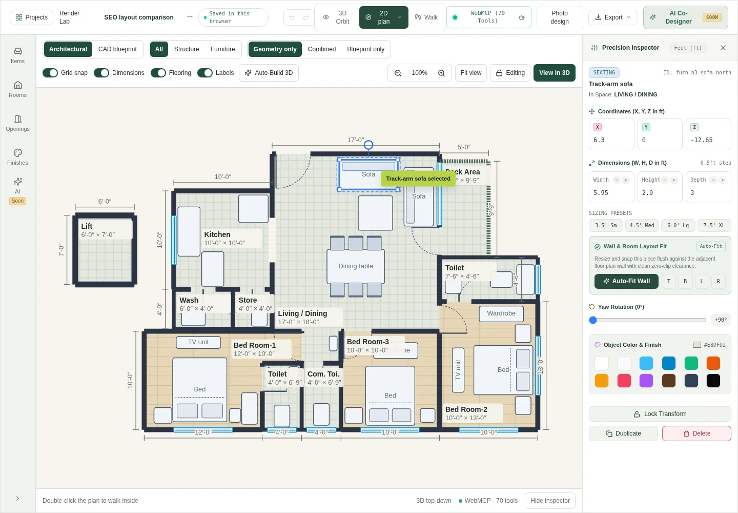 A sofa selected in the HouseSpace plan editor with its position and furniture controls visible