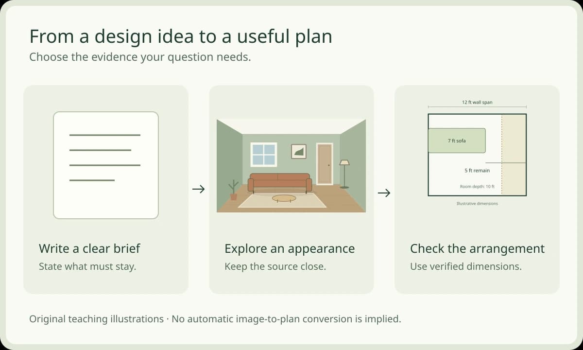 Original diagram connecting a room design brief, a visual concept, and a measured layout check