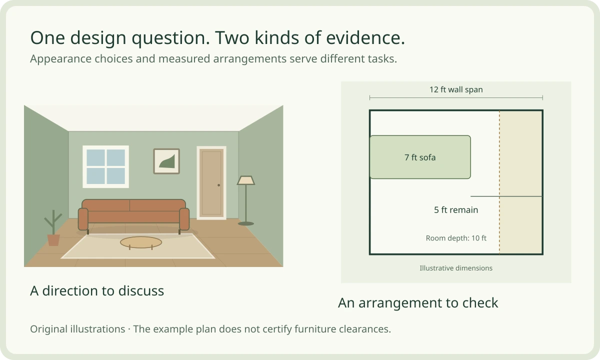 An illustrated room concept beside a separate measured plan showing a sofa and the remaining wall span