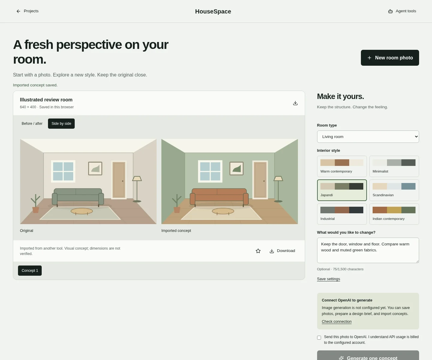 Current HouseSpace Photo Design interface comparing two original room illustrations, with the result labeled Imported concept and generation unavailable