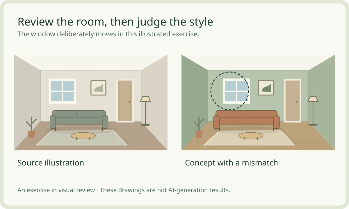 Two original room illustrations with a deliberately shifted window in the concept, used to teach visual review