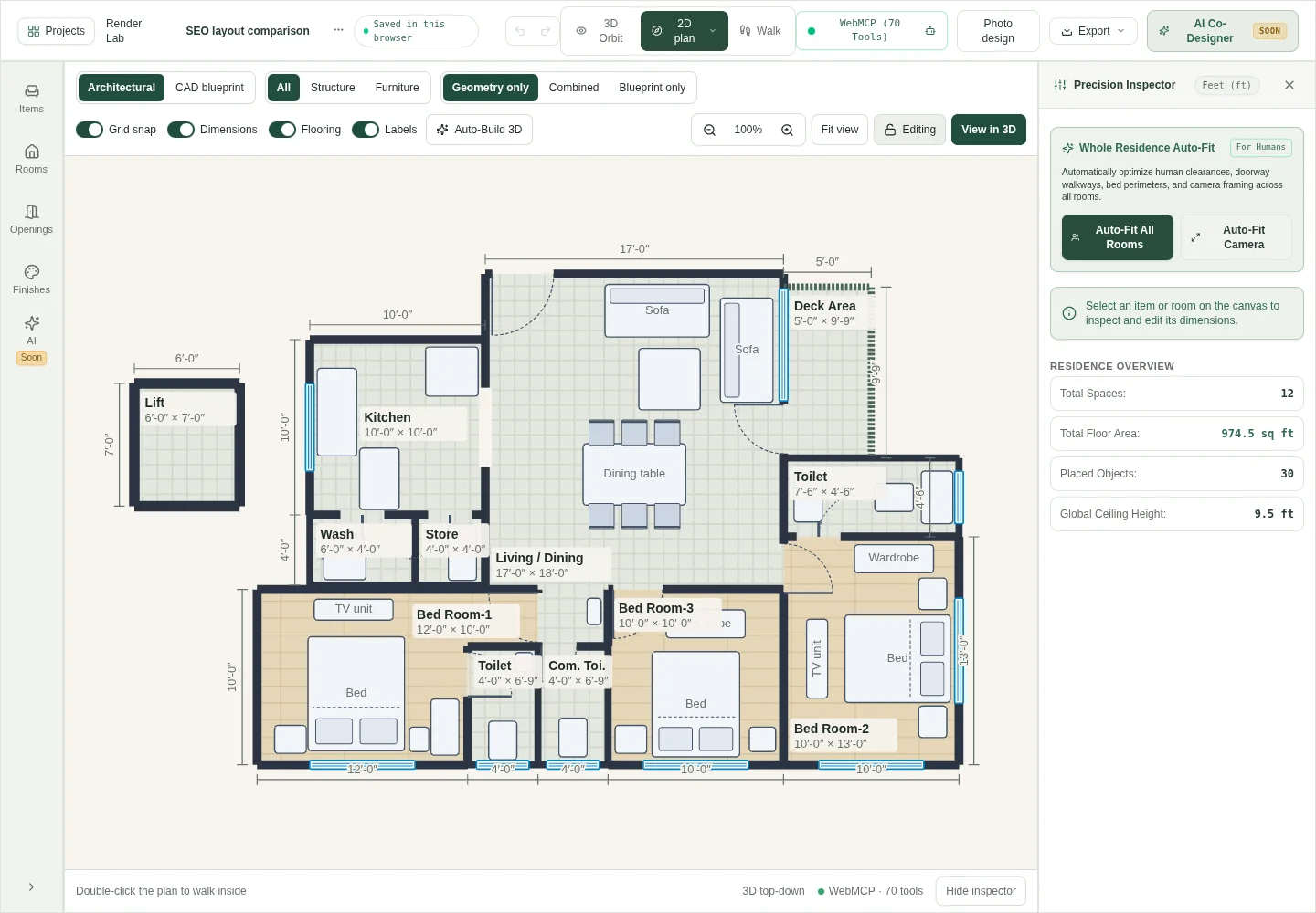 Original 3BHK sample in the HouseSpace plan editor before the furniture comparison